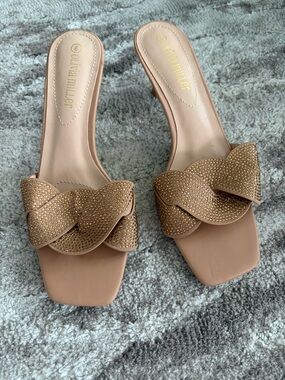 Olivia Miller Tan Braided Kitten Heel Slides with crystals